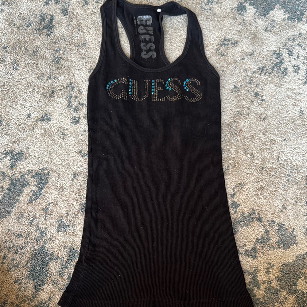 Guess Black Racerback Tank with Silver Logo